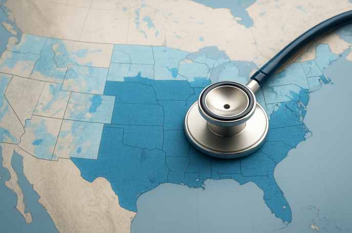 A stethoscope resting on a map of the United States, highlighting various regions in light blue and dark blue, symbolizi
